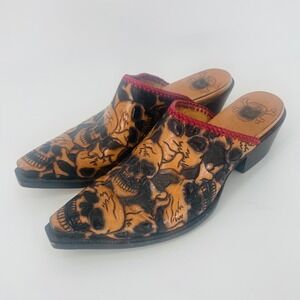 Liberty Leather Tooled Snip Toe Mules Skulls size 9.5 Brown Black Western Muerto